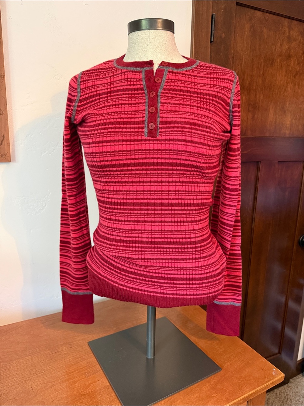 Women's Red Striped Long-Sleeve Henley Tee - Merino Wool